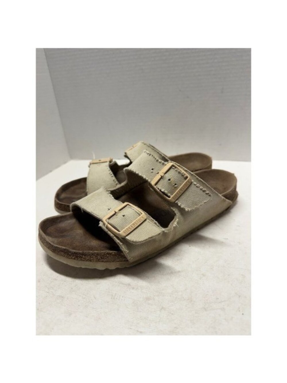 Birkenstock Arizona Vegan Canvas Sandals Beige Two Strap Slides 41 8